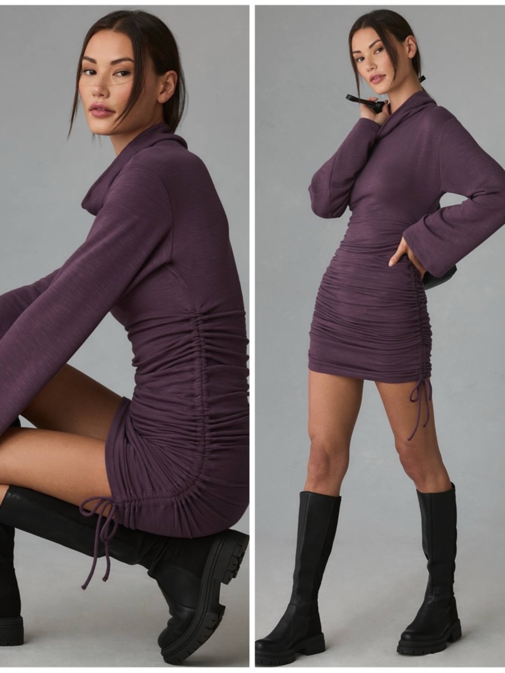 Daily Practice by Anthropologie Long-Sleeve Ruched Mini Dress Plum Purple Sz XS